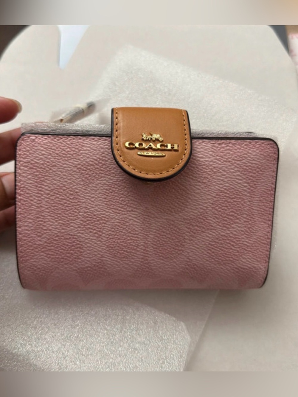 Coach Medium Corner Zip Wallet In Signature Canvas Gold/Powder Pink New